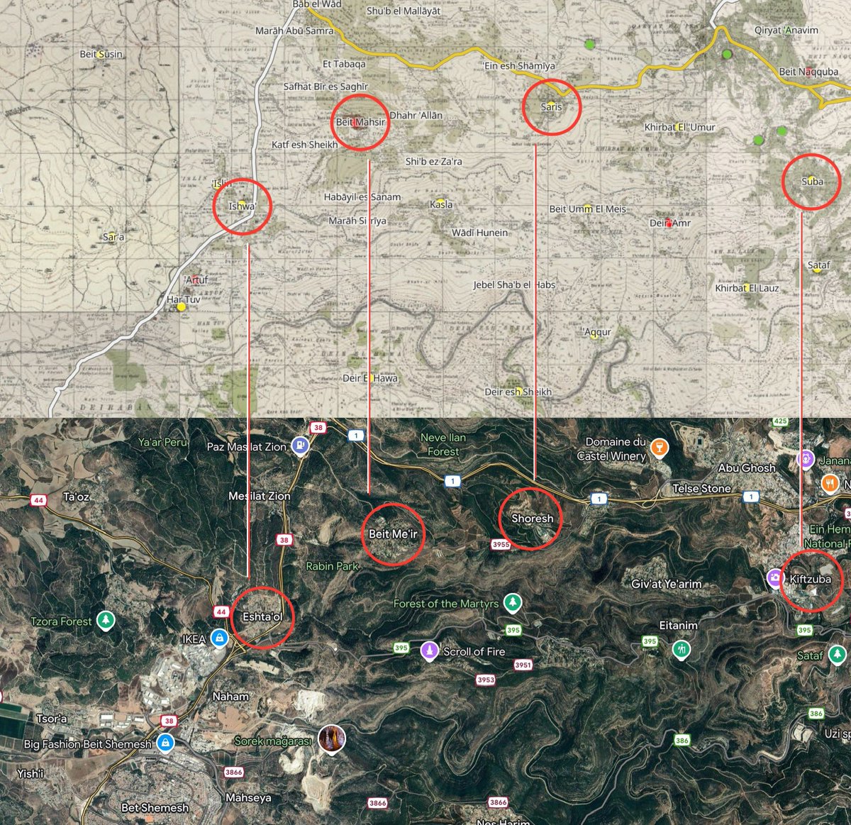 I drove through this area last month. A dozen Palestinian villages totally erased and renamed

Ishwa’             became   ESHTA’OL
Beit Mahsir  became   BEIT ME’IR
Saris                became   SHORESH
Suba               became   TZUBA            »  cont.