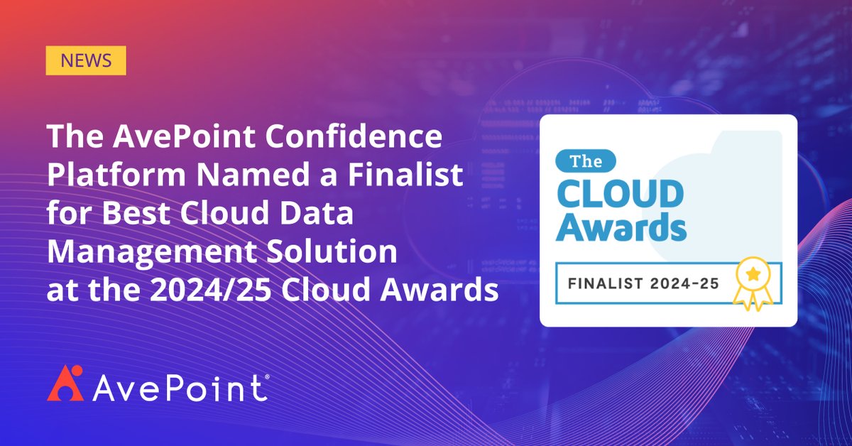 AvePoint's tweet photo. We have more exciting news! AvePoint was named a FINALIST for Best Cloud Data Management Solution at The Cloud Awards. With 2025 on the horizon, we look forward to strengthening our platform to help organizations collaborate with confidence and future proof their digital workplaces with next-level data security. 

#AVPTsecure #CloudAwards #DataManagement