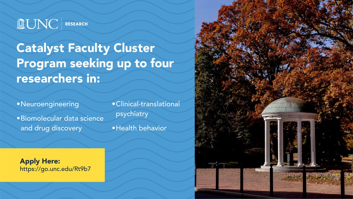 Join #UNCResearch as part of our Catalyst Faculty Research Cluster Program. We’re seeking up to four researchers for tenure-track assistant professor positions to build a team that will advance substance use disorder policy and treatment.
Apply here: go.unc.edu/Rt9b7