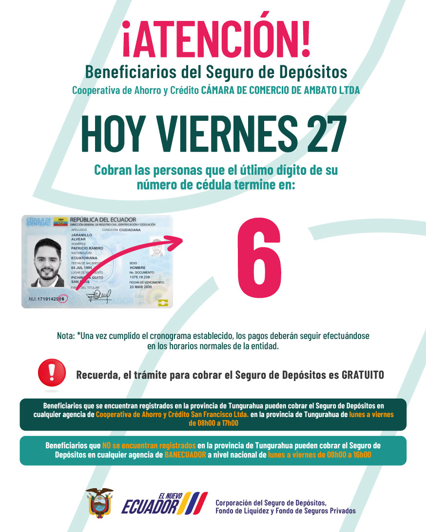 COSEDE_Ec's tweet photo. 📣 Atención Beneficiarios del Seguro de Depósitos de la COAC Cámara de Comercio de Ambato Ltda. en liquidación.

Acercarte a recuperar tu dinero según el último dígito de tu cédula.

Consulta si eres beneficiario:
https://t.co/Fc58rraQwJ

Video Tutorial: https://t.co/PJcc3uRCqU https://t.co/OcYv5YmVl2