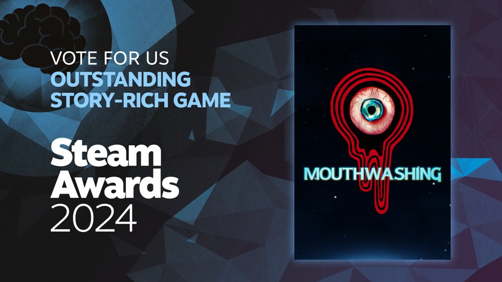 Thank you everyone for voting us into the finalists for Steam's “Outstanding Story-Rich Game”!

Please lend us your votes one last time so Mouthwashing can bring home a Steam Award: store.steampowered.com/news/app/24754…