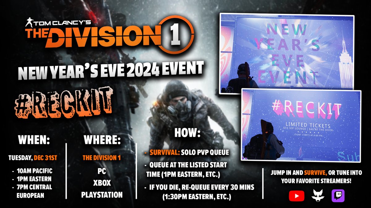 A storm is coming...

This New Year's Eve, we're diving into #TheDivision's iconic Survival mode!

Streamed by myself, <a href="/SplinterShields/">Matt Shields- Splintershield</a>, <a href="/LividFray/">LividFray</a>, <a href="/BishopBoas/">BishopBoas</a>, and many more!

Shares, reposts, etc. appreciated greatly— we want to get the word out as much as possible!

#RECKIT