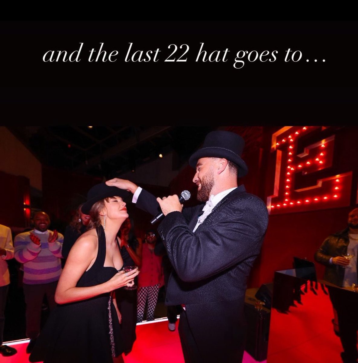 SwiftNYC's tweet photo. Travis surprising Taylor with an Eras tour themed party to celebrate the highest grossing tour of all time, and she thought she was just going to a small, quiet dinner… then recovering the last 22 hat 🤍🥺 https://t.co/5Fi2H1zyiQ