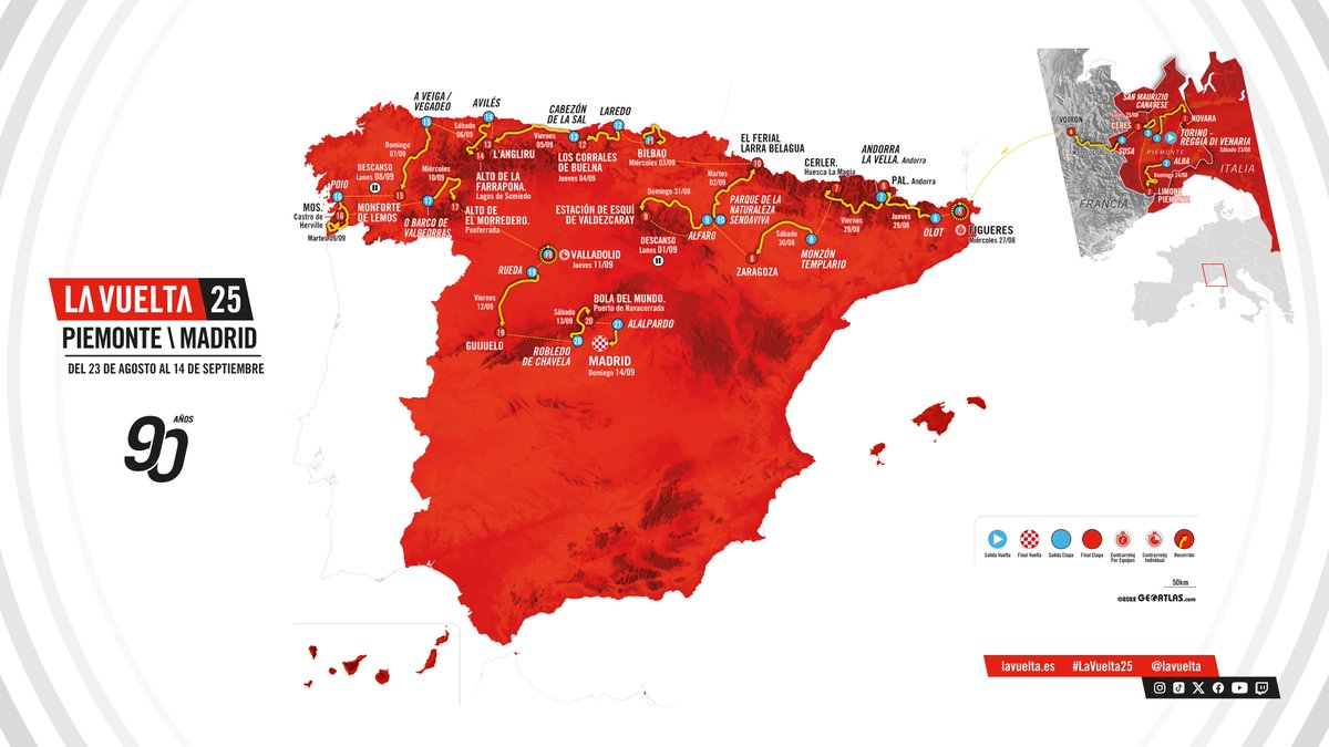 lavuelta's tweet photo. 😍 Here's the official route of #LaVuelta25! 😍

😍 El mapa de #LaVuelta25 😍 https://t.co/3sR2TECkZg