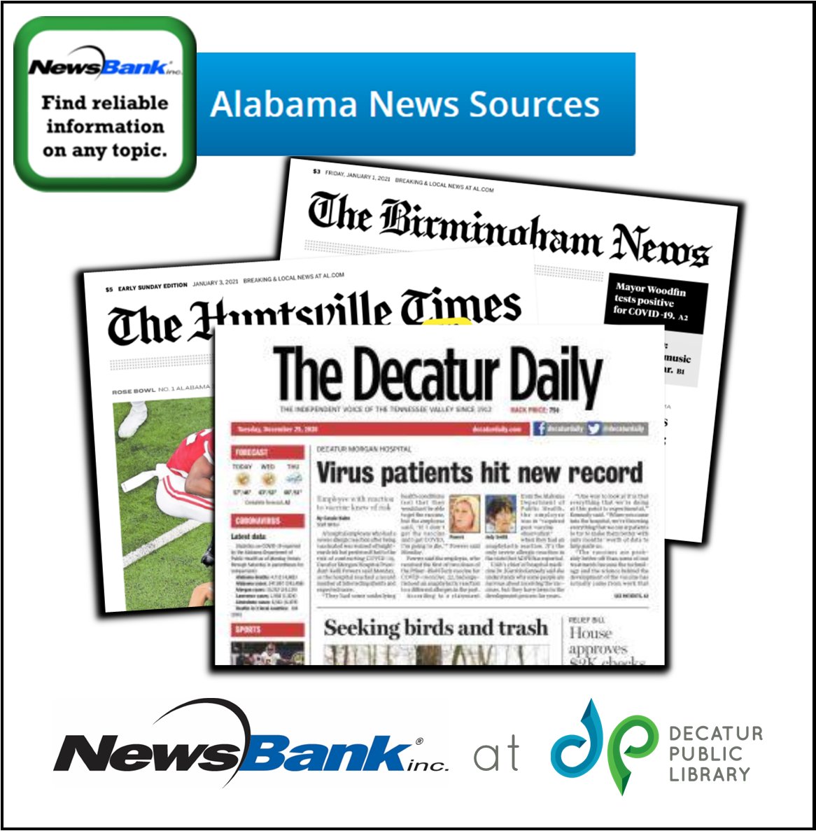 Your local news is just a click away with DPL’s NewsBank service. Access local news stories, editorials, obituaries, real estate info, &amp; much more from the “Decatur Daily”, “Huntsville Times”, “Birmingham News” &amp; more. Get started at myDPL.org. DPL card required.