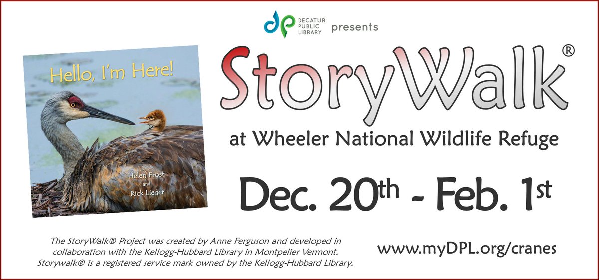 If you’re looking for a free &amp; fun family activity, take DPL’s StoryWalk® at Wheeler Natl Wildlife Refuge. Walk the Atkeson Cypress Trail &amp; read a story all about a baby whooping crane! Details at myDPL.org/cranes.