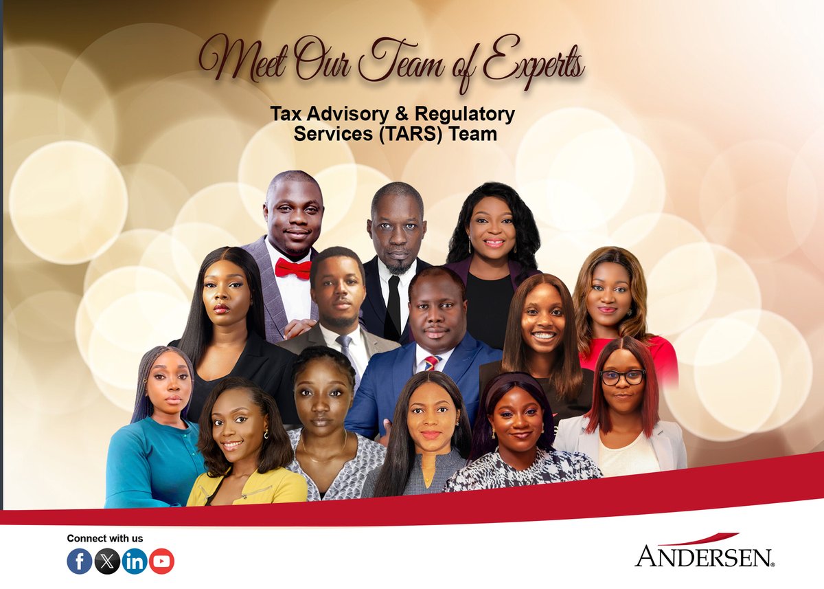 AndersenNigeria's tweet photo. 🌟 Unit Spotlight: Tax Advisory &amp; Regulatory Services (TARS) 💡
Celebrating the team ensuring expert tax solutions &amp; seamless compliance. Thank you for your dedication &amp; excellence! 🎉
#AndersenNigeria #TARS https://t.co/cLux90L04m