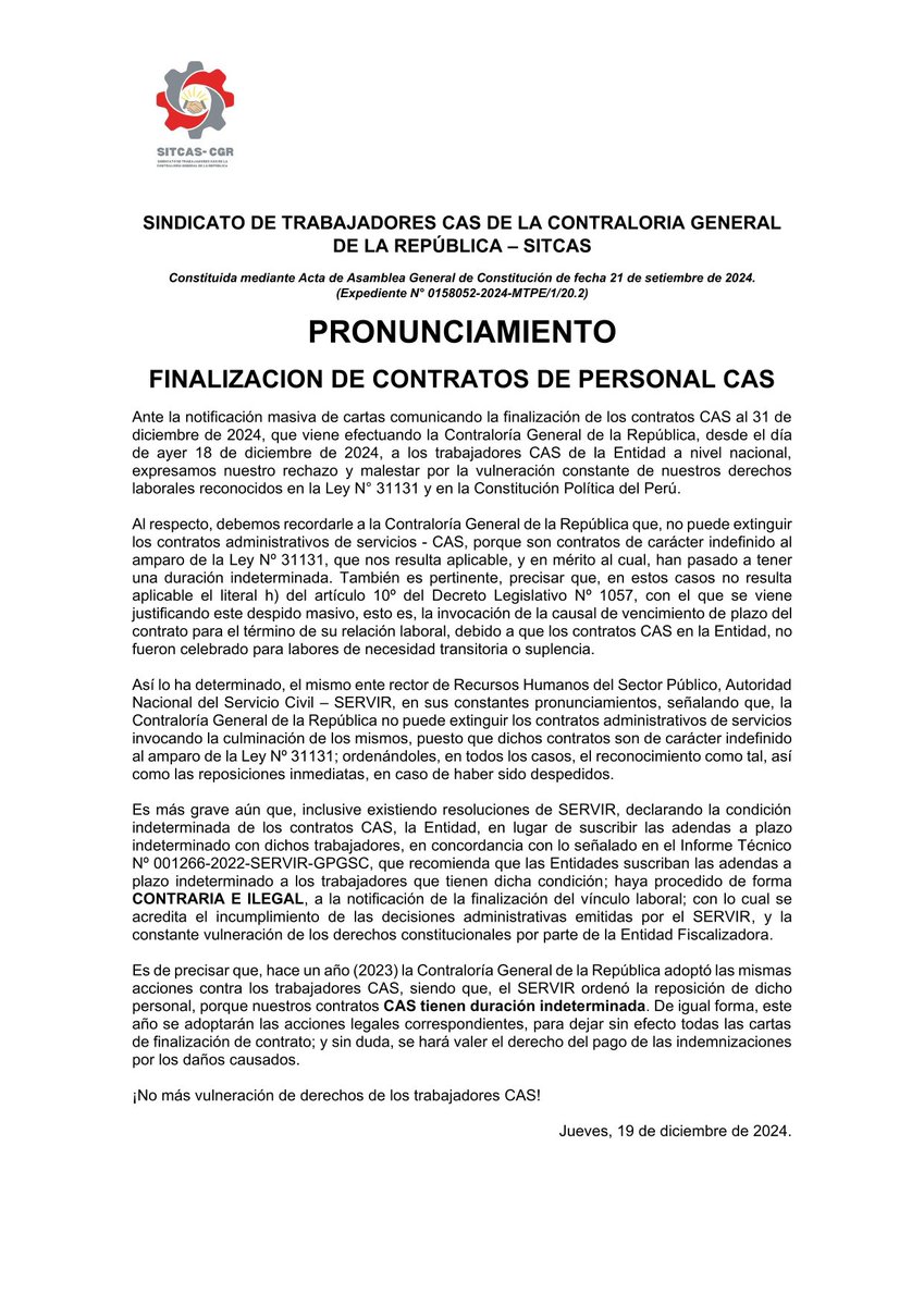 Pronunciamiento del SITCAS-CGR respecto al despido de compañeros CAS de la Contraloría General de la República.
<a href="/congresoperu/">Congreso del Perú 🇵🇪</a> <a href="/willaxtv/">Willax Televisión</a> <a href="/MTPE_Peru/">Ministerio de Trabajo y Promoción del Empleo</a> <a href="/SERVIR_PERU/">SERVIR_PERU</a> <a href="/ContraloriaPeru/">Contraloría del Perú</a> <a href="/Defensoria_Peru/">Defensoría del Pueblo</a>
