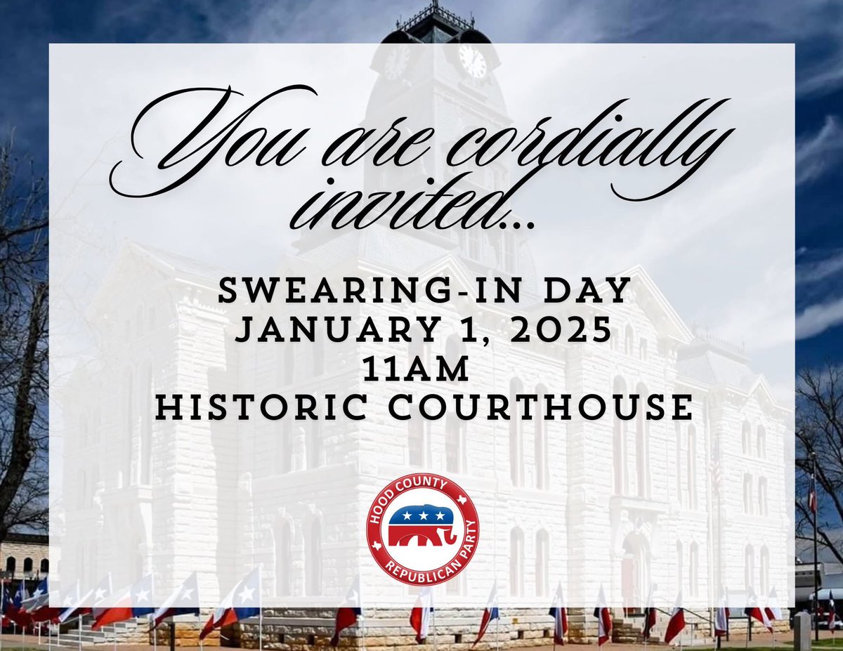 Join Us for the Swearing-In ceremony for our newly elected officials on New Year’s Day!

Ceremony on the second floor of the Hood County-Granbury Historic Courthouse on the square. 

[Refreshments will be served on the first floor]