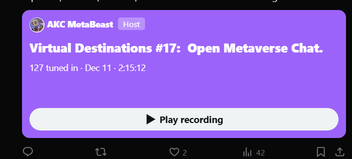 AKCMetaBeast's tweet photo. What do you see? Thanks to all that have tuned in to the #VirtualDestinations spaces and to our guests that have shared what they are doing in the metaverse. @decentraland @futureverse @Spatial_io @hyperfy_io @Miguel_Amargo @iraxlab @RoustanNFT @josh_garrett_kc @HubzzHQ https://t.co/GIJgSUTnKX