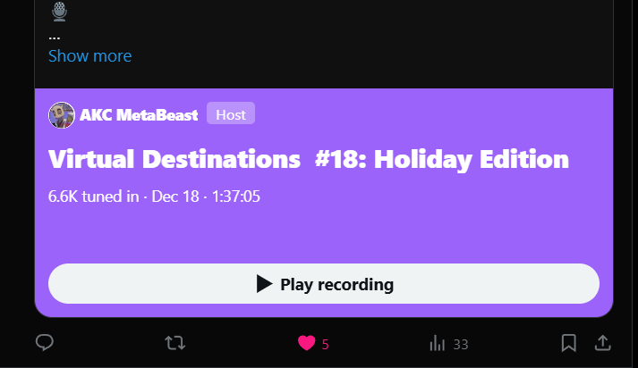 AKCMetaBeast's tweet photo. What do you see? Thanks to all that have tuned in to the #VirtualDestinations spaces and to our guests that have shared what they are doing in the metaverse. @decentraland @futureverse @Spatial_io @hyperfy_io @Miguel_Amargo @iraxlab @RoustanNFT @josh_garrett_kc @HubzzHQ https://t.co/GIJgSUTnKX