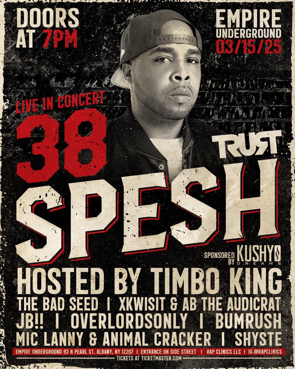 I am pleased to announce that Xkwisit and I have been hard at work to put together an upcoming show on 03/15/25 w/ headliner 👉🏻 <a href="/IamSpesh/">38 Spesh</a> 

Pre-sale tickets are now available through Rap Clinics LLC on Venmo to avoid surcharges! $35 each

Ticketmaster this Friday!
