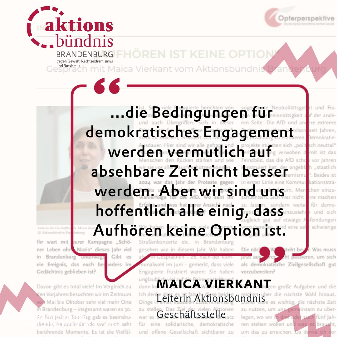 „Aufhören ist keine Option“ – Maica Vierkant in der neuen Ausgabe der „Schattenberichte” der Opferperspektive @op_p über das Engagement gegen #Rechtsextremismus &amp; für #Demokratie im Superwahljahr &amp; Herausforderungen für die demokratische Zivilgesellschaft: opferperspektive.de/materialien/sc…