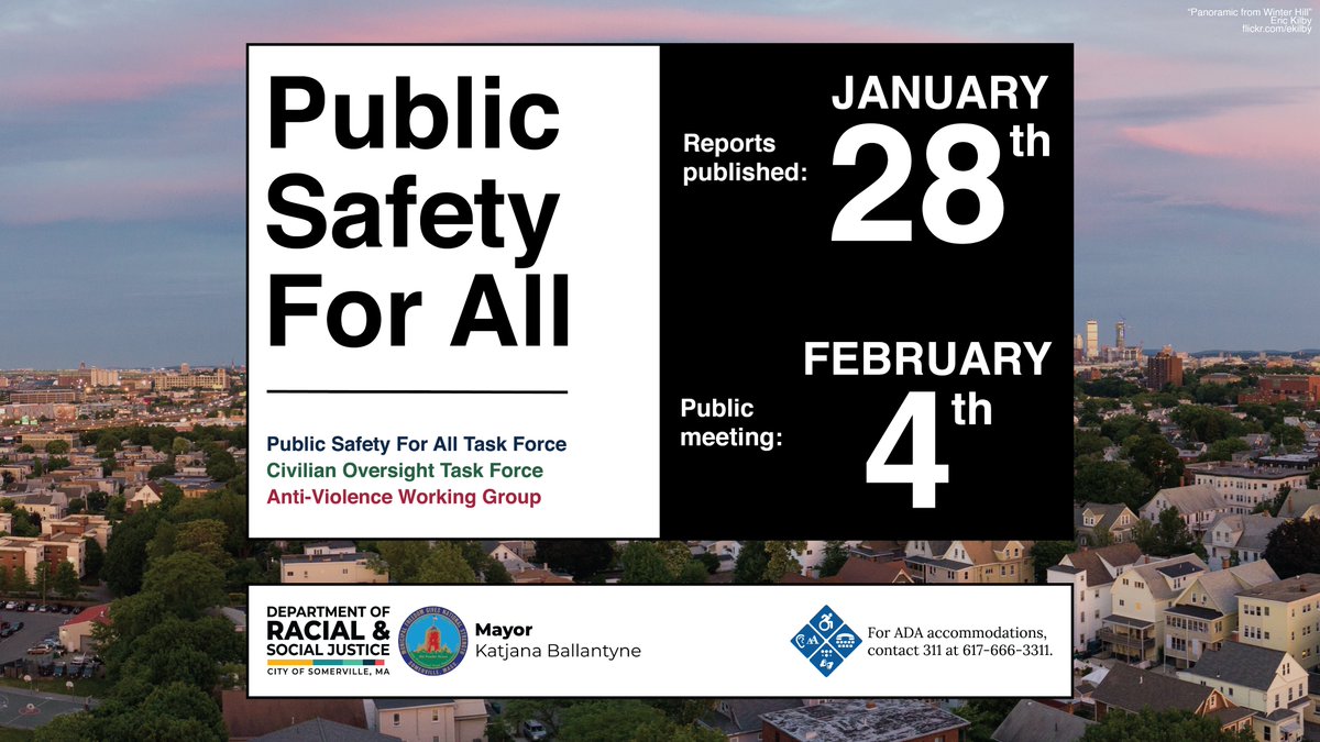 🗓️SAVE THE DATE

The Public Safety For All final reports will be published on January 28, 2025. The Somerville community is invited to attend an event with group representatives on February 4th, 2025.

Read more from today's press release: somervillema.gov/news/save-date…