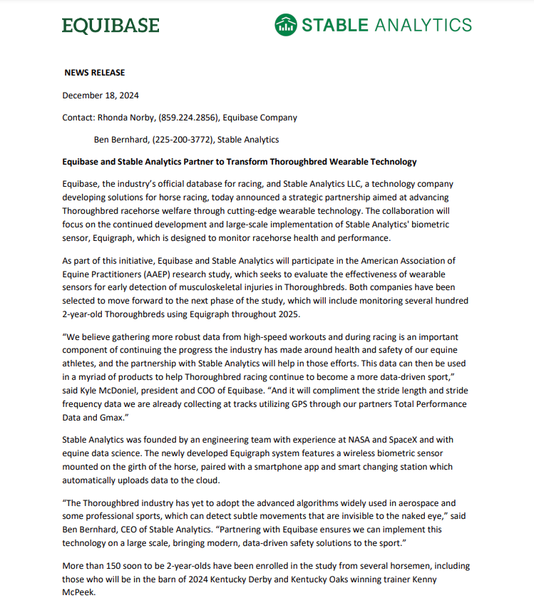 Equibase's tweet image. We have partnered with @StableAnalytics to transform thoroughbred wearable technology! 🏇🏇

Full release:
equibase.com/content/news/r…