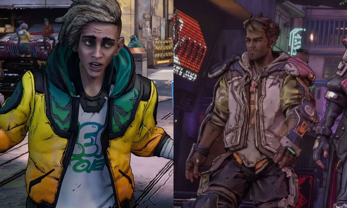 robclark's tweet photo. My entirely baseless #borderlands4 prediction: The vault hunter on the left in the group shot is Octavio from New Tales. Theres a noticeable time jump between 3 / New Tales and 4, the best endings to New Tales leave him with connections to Atlas (explaining his tech), and his demeanor and abilities could be explained by having to grapple with literally being killed and brought back to life over and over again. But again, this is a very shaky theory at best.