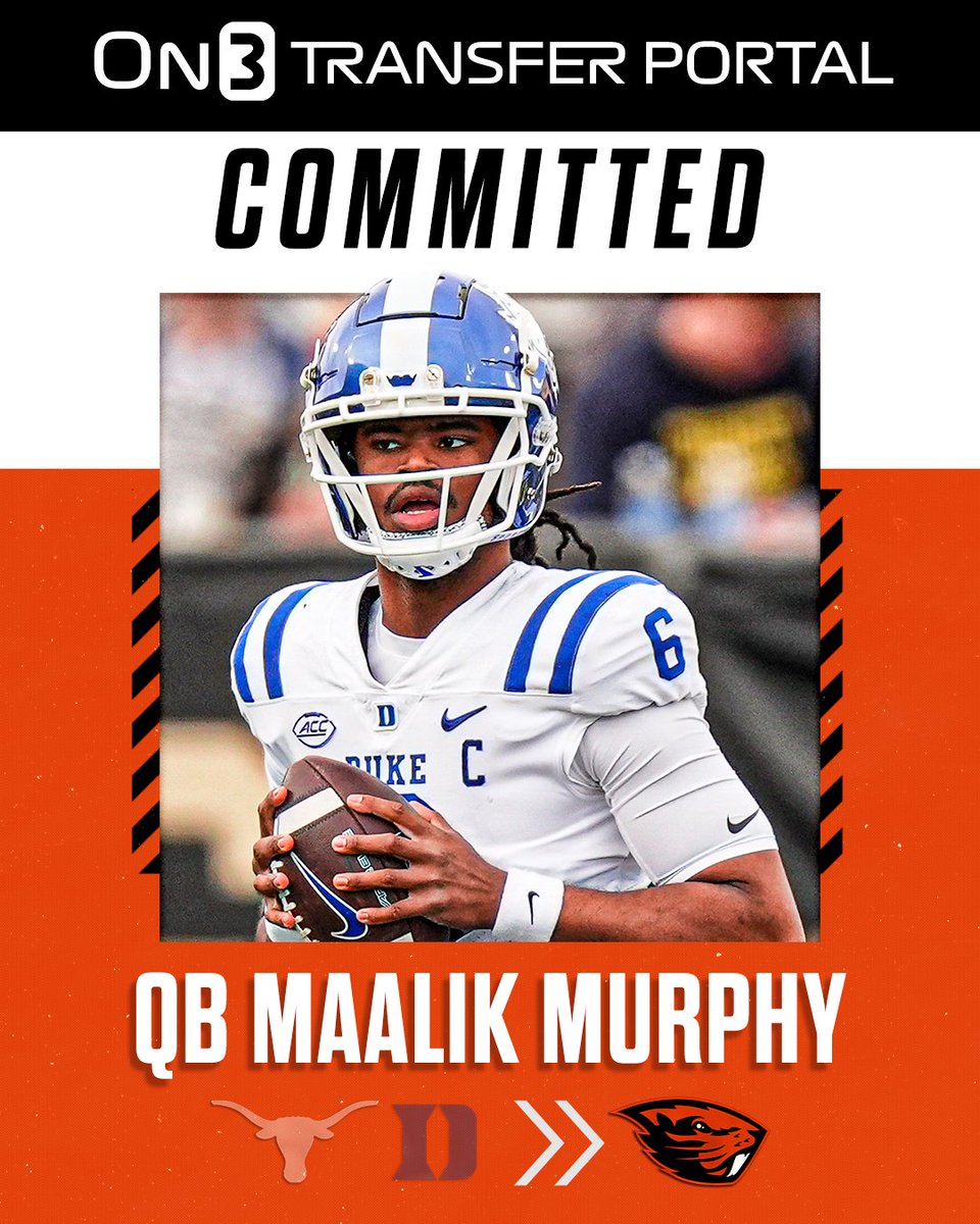 On3 (@on3sports) on Twitter photo BREAKING: Duke transfer QB Maalik Murphy has committed to Oregon State, <a href="/PeteNakos_/">Pete Nakos</a> reports🦫
on3.com/transfer-porta… BREAKING: Duke transfer QB Maalik Murphy has committed to Oregon State, <a href="/PeteNakos_/">Pete Nakos</a> reports🦫
on3.com/transfer-porta…