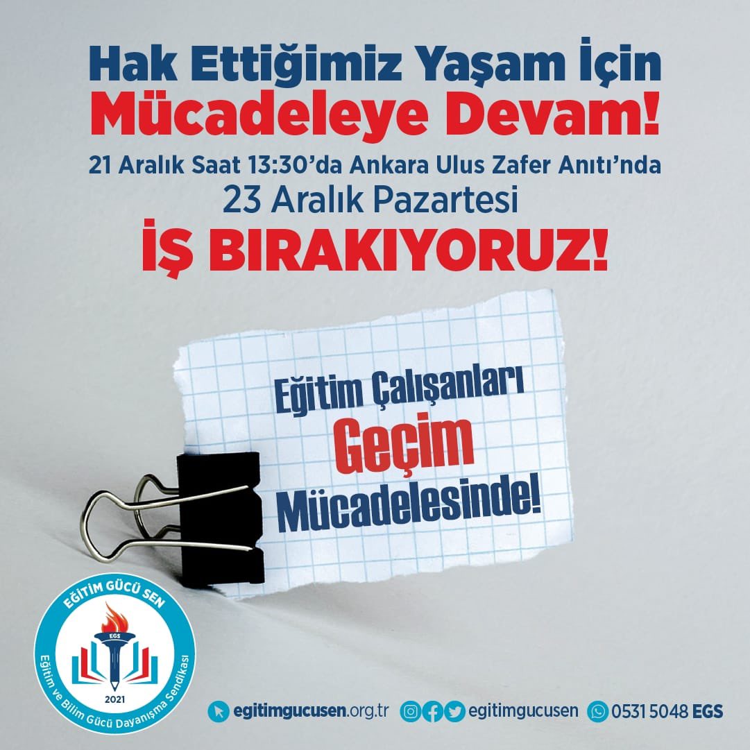 Memurlar için adalet, eğitimciler için refah! Maaşlar artırılmalı, hayat standartları yükseltilmeli. 21 Aralık’ta Ankara Ulus Zafer Anıtı’nda basın açıklaması yapıyoruz. <a href="/RTErdogan/">Recep Tayyip Erdoğan</a> <a href="/memetsimsek/">Mehmet Simsek</a> <a href="/Yusuf__Tekin/">Yusuf Tekin</a> #EgitimciyeMaasZammı