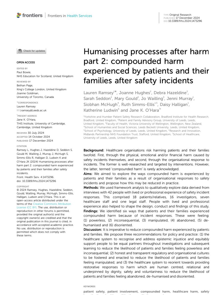 Our latest research now published frontiersin.org/journals/healt…

We identify six compounded harms experienced due to organisational responses to safety incidents.

Patients and families were left feeling: Powerless, Inconsequential, Manipulated, Abandoned, De-humanized and Disoriented.