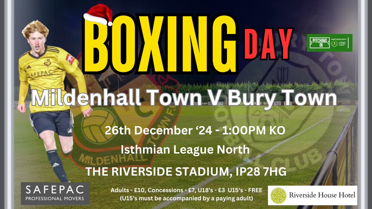 Mildenhall Town FC (@mildenhalltown) on Twitter photo The countdown is ON! Only 7 days until our Boxing Day match at The Riverside Stadium when we welcome table toppers <a href="/BuryTownFC/">Bury Town FC</a>
It’s a 1pm kick-off,
Get along and bring the family for what should be an absolute cracker!
#upthehall The countdown is ON! Only 7 days until our Boxing Day match at The Riverside Stadium when we welcome table toppers <a href="/BuryTownFC/">Bury Town FC</a>
It’s a 1pm kick-off,
Get along and bring the family for what should be an absolute cracker!
#upthehall