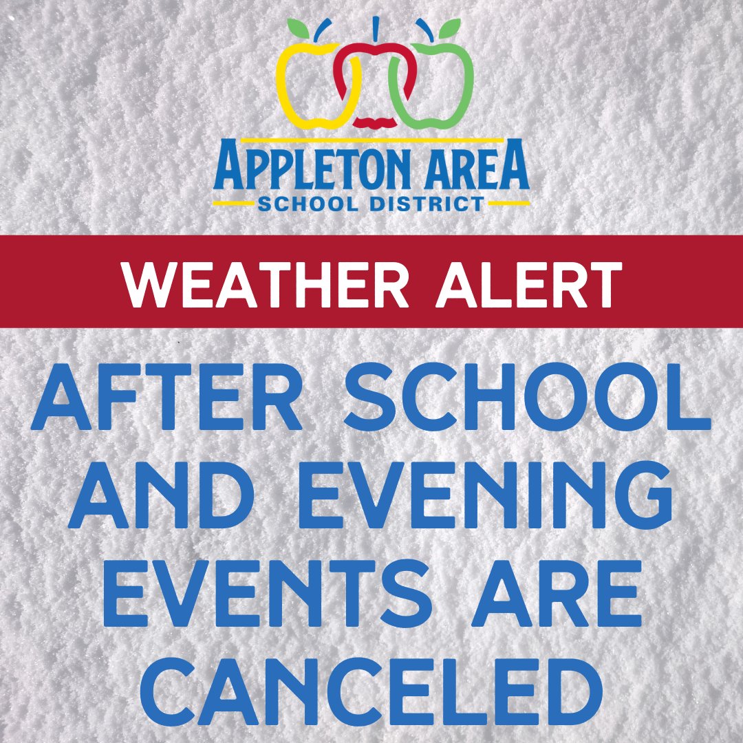 Due to inclement weather, all evening activities for students and staff will end by 5:30 p.m. tonight, Dec 19. All buildings will be closed at that time. After-school care will take place as usual, but parents are encouraged to pick up their children as soon as they safely can.