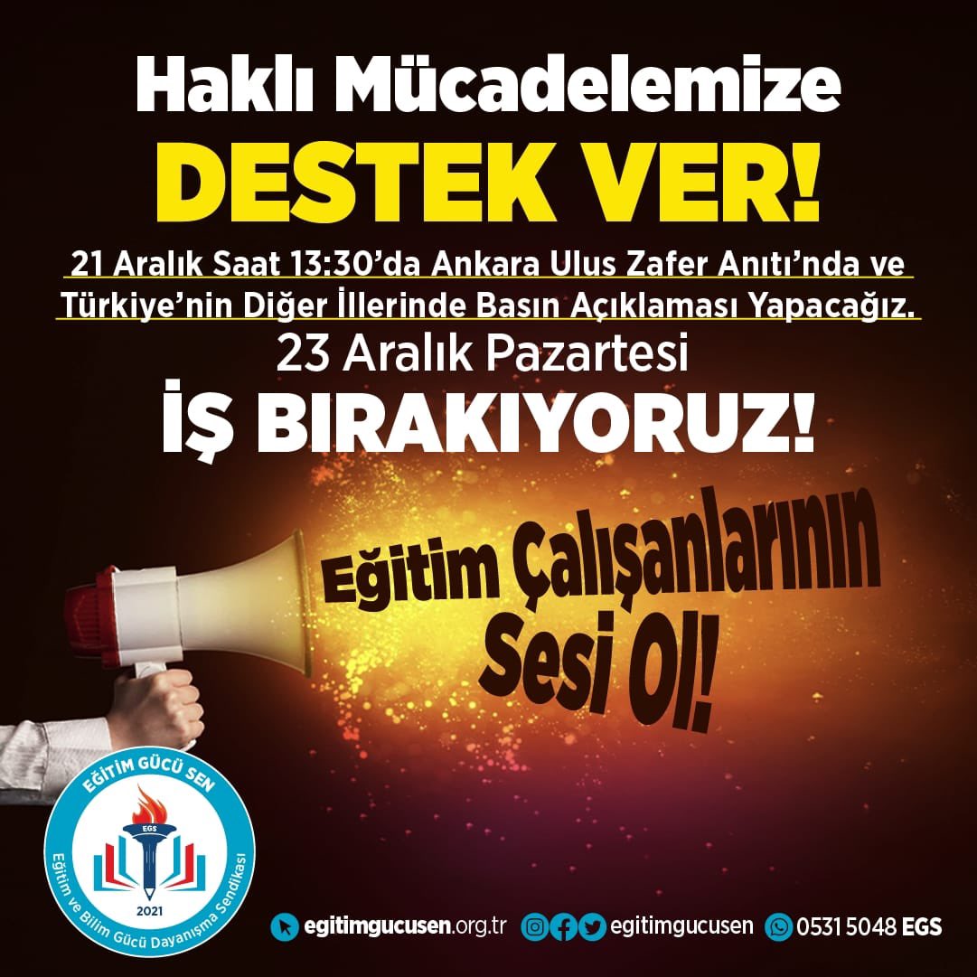 Eğitimde kalite ancak adil ücretle mümkündür. Öğretmenler ve eğitim çalışanları insanca yaşam hakkı talep ediyor. 21 Aralık’ta Ankara Ulus Zafer Anıtı’nda basın açıklaması, 23 Aralık’ta iş bırakıyoruz. <a href="/RTErdogan/">Recep Tayyip Erdoğan</a> <a href="/memetsimsek/">Mehmet Simsek</a> <a href="/Yusuf__Tekin/">Yusuf Tekin</a> #EgitimciyeMaasZammı