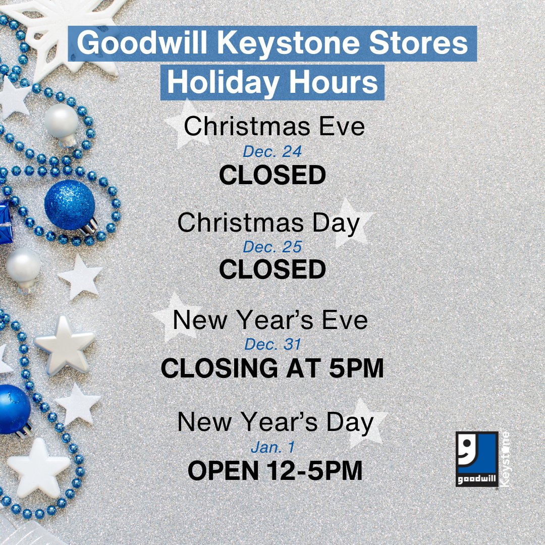YourGoodwill's tweet image. ⭐ Goodwill Keystone Stores Holiday Hours ⭐

Our store teams work so hard year round to support our mission and create a stellar experience for our customers, so we're adjusting our hours to give them time to celebrate the holidays with loved ones. Happy holidays, all!