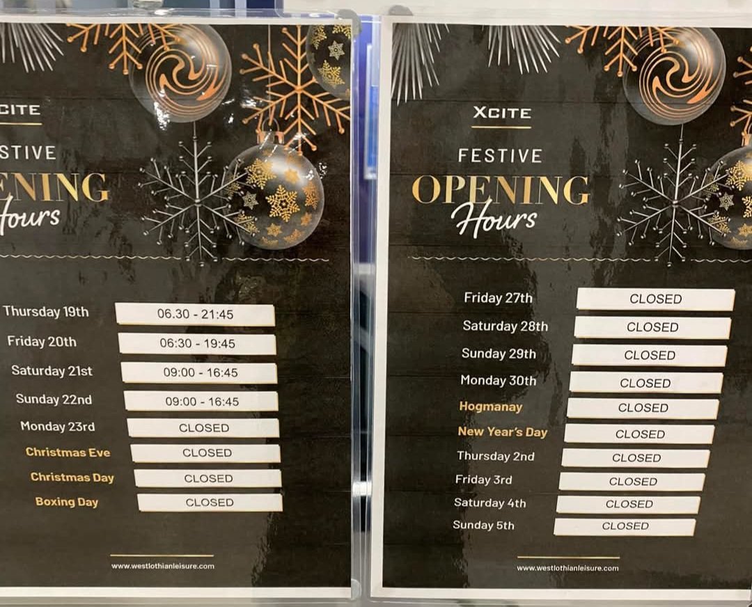 Disappointing festive hours at <a href="/Xcite/">Xcite</a> in Winchburgh barely open before Christmas and completely closed after! Not great for those trying to stay active during the holidays. So much for 'A more Active Scotland'! and their own vision and values! #FestiveFrustration #StayActive