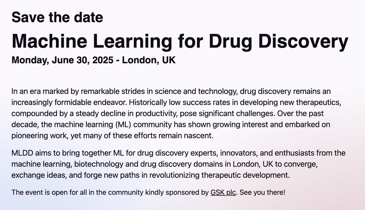 MLDD is returning for 2025!

We're thrilled to announce that the Machine Learning for Drug Discovery (MLDD) Symposium will return in 2025! 

Join us for an inspiring day of knowledge sharing, networking, and discussions on the latest trends in applying machine learning to drug