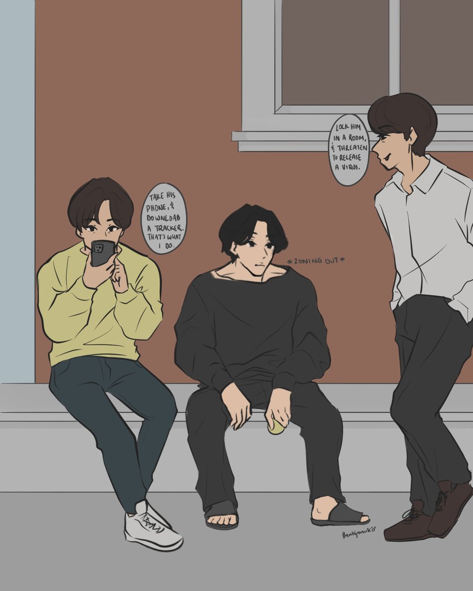 maybe asking his crush's even eviler doppelgangers for relationship advice wasn't the best choice 

strangers for peace, finished prompt! (🎨 by <a href="/banhjanuko/">val</a>)

#mjjw #seomoonjo #strangersfromhell #unlocked #ohjunyeong #emergencydeclaration #ryujinseok