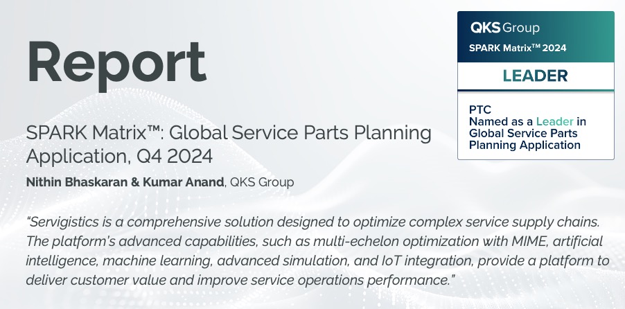 Leading the pack! QKS Group names PTC the outright leader in the Global Parts Planning SPARK Matrix. Read the announcement and access the report. ptc.co/qAJm50UuqAp #Servigistics #ServicePartsOptimization #OperationalExcellence #PTC Servigistics, a PTC Technology