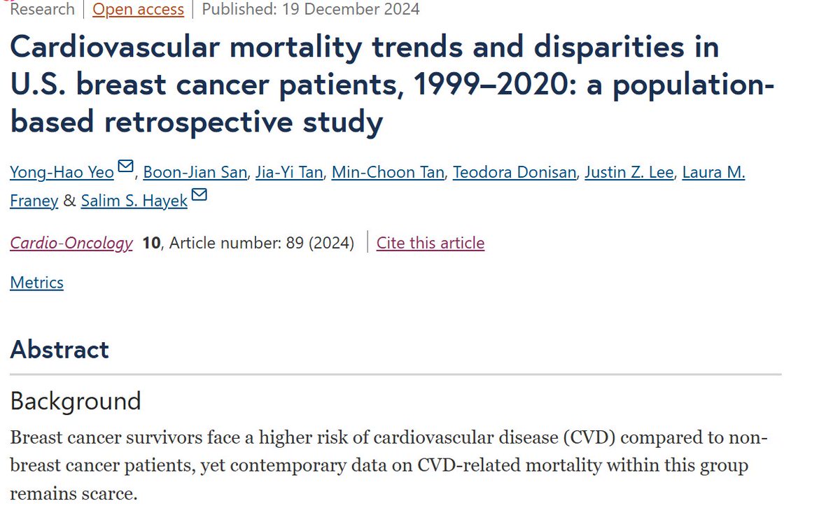 Yeo Yong Hao (@yeoyonghao) on Twitter photo 📢New Article Alert!
Our study found a decline in cardiovascular disease mortality among patients with breast cancer. BUT—not for hypertensive diseases & arrhythmias🫀📉
#CardioOncology
Great mentorship from <a href="/salimhayek/">Salim S. Hayek, MD</a> <a href="/DrJustinZLee/">Justin Z Lee</a> @LauraFraney <a href="/TDonisan/">Teodora Donisan, MD</a> 📢New Article Alert!
Our study found a decline in cardiovascular disease mortality among patients with breast cancer. BUT—not for hypertensive diseases & arrhythmias🫀📉
#CardioOncology
Great mentorship from <a href="/salimhayek/">Salim S. Hayek, MD</a> <a href="/DrJustinZLee/">Justin Z Lee</a> @LauraFraney <a href="/TDonisan/">Teodora Donisan, MD</a>