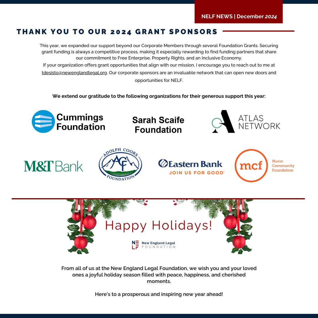 NELegalFndtn's tweet photo. 🎉 The December 2024 edition of NELF News is here!

🗂️ 2024 Litigation Highlights
📅 Save the Date: NELF’s 2025 Kickoff Party
...and so much more!

Don’t miss the latest on our work defending free enterprise and property rights. https://t.co/nIweDokhNn