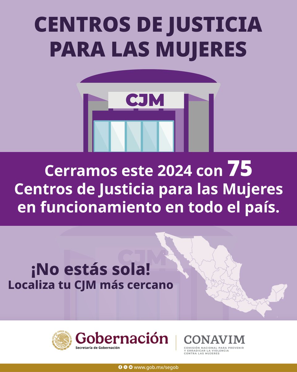 Los Centros de Justicia para las Mujeres son espacios donde las mujeres en situación de violencia pueden acudir para recibir atención especializada. Si necesitas de los servicios de los CJM busca el más cercano a tu domicilio aquí 👉: bit.ly/3Q7ToO8