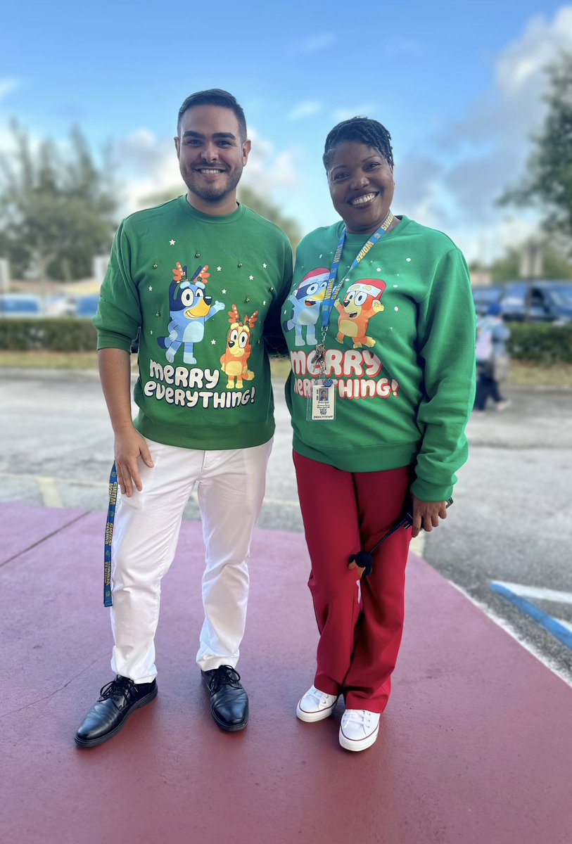 IamChrisMachado's tweet photo. Great minds think alike! Accidentally twinning with my boss on Ugly Sweater Day—bringing double the holiday cheer for our students and staff! 🎄✨ @WDMiddleSchool @WDandyMagnet https://t.co/GoyUnPHwcE