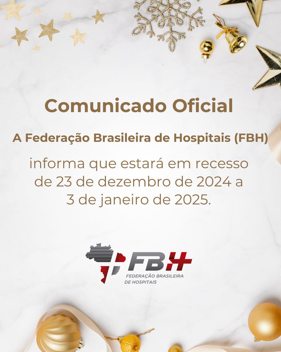 FBH_oficial's tweet photo. 👉 Retornaremos às nossas atividades no próximo dia útil, 6 de janeiro de 2025, em nosso horário normal de funcionamento.

Agradecemos pela parceria ao longo deste ano!

#FBH #RecessoDeFinalDeAno #Saúde #Hospitalidade #Compromisso https://t.co/qfZV1fnled