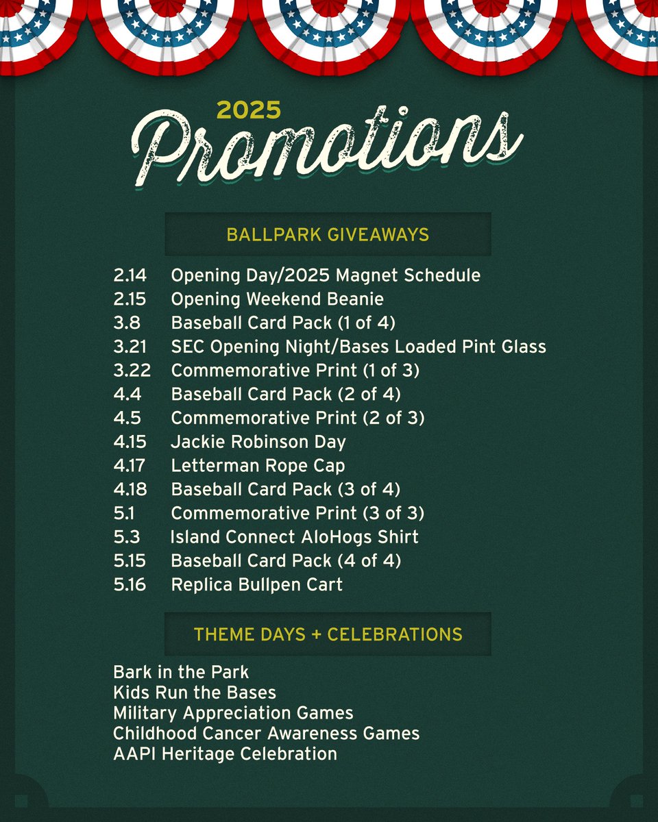 We know Opening Day is still more than 50 days away, but... 2025 PROMO SCHEDULE JUST DROPPED!

👀 bit.ly/25BaumPromos