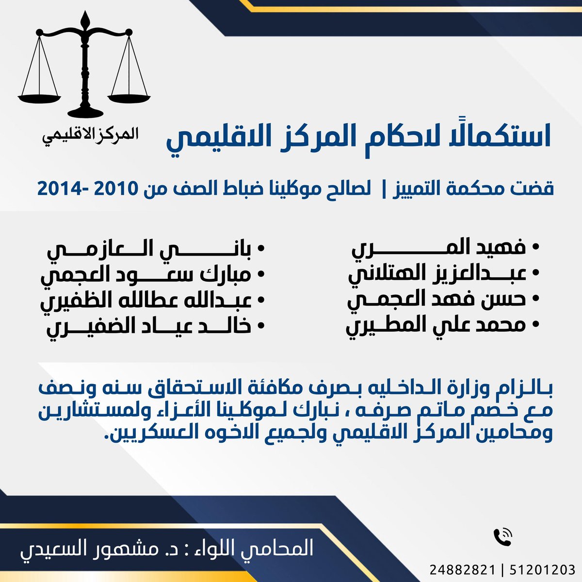 استكمالاً لاحكام المركز الاقليمي 
قضت محكمة التمييز | 
لصالح موكلينا ضباط الصف 
من 2010 -2014 

بالزام وزارة الداخليه بصرف مكافئة الاستحقاق سنه ونصف مع خصم ماتم صرفه . 

نبارك لموكلينا الأعزاء ولمستشارين ومحامين المركز الاقليمي ولجميع الاخوه العسكريين .