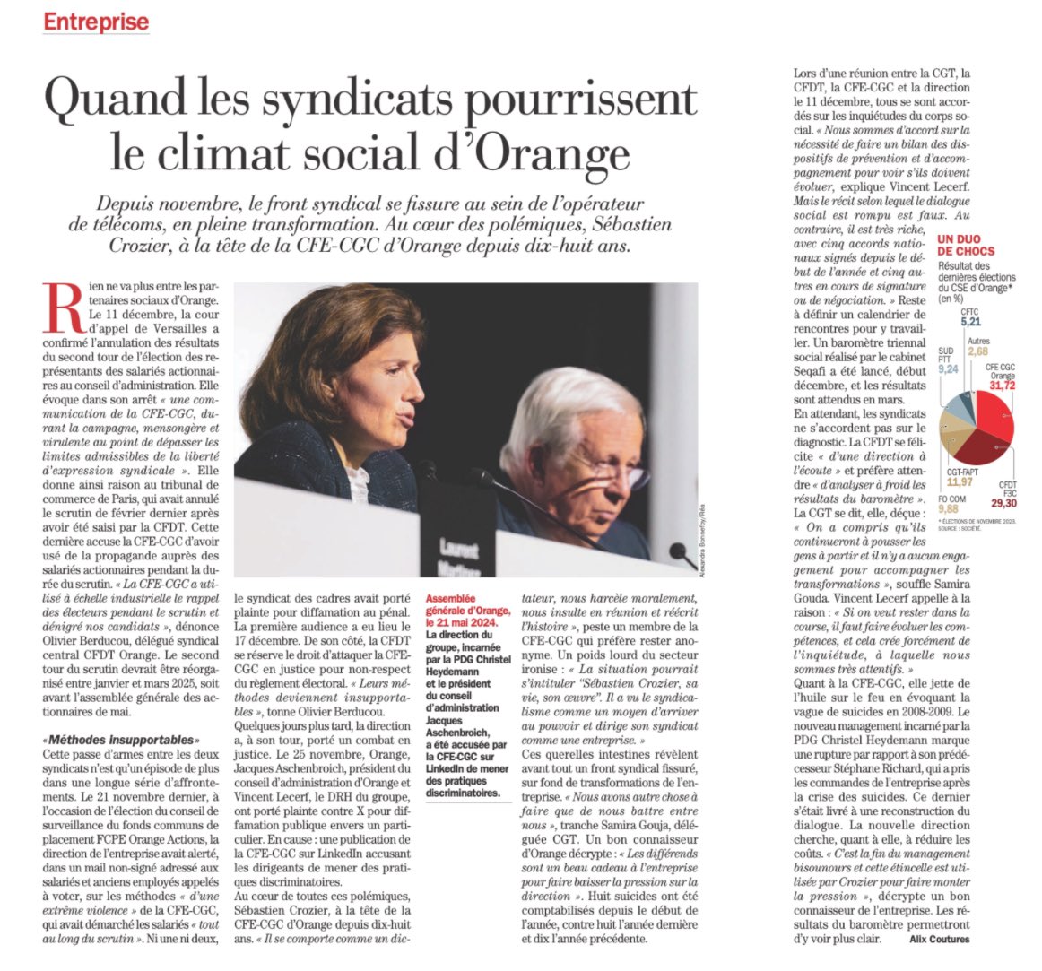 Sale temps pour <a href="/SebCrozier/">Sébastien Crozier</a> le président de la <a href="/CFECGCOrange/">CFE-CGC Orange</a>. Les adhérents se lâchent : « il se comporte comme un dictateur, nous harcèle moralement, nous insulte en réunion ». De fait, des délégués syndicaux et des élus démissionnent. La direction de <a href="/orange/">Orange</a> compte les points.