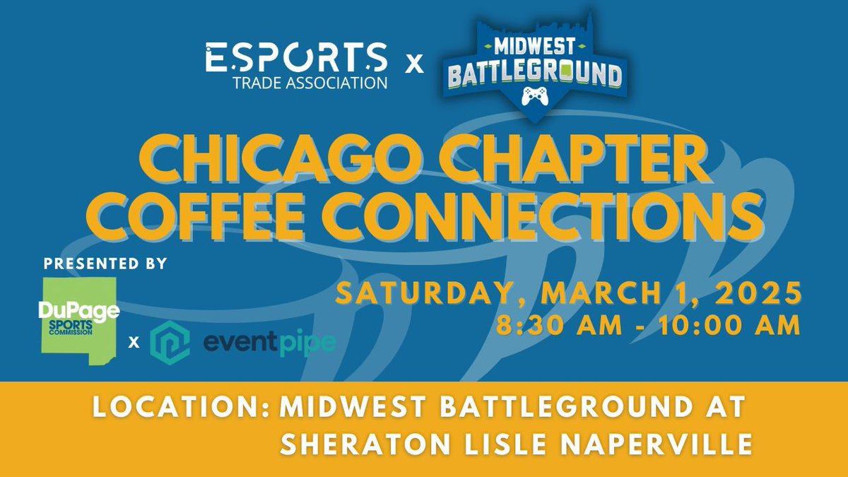 Chicago esports pros—Let’s talk shop and network during Coffee Connections at the Midwest Battleground w/ <a href="/DuPage_Sports/">DuPage Sports Commission</a> and <a href="/GetEventPipe/">EventPipe</a>. RSVP here: buff.ly/4fd1Ff4