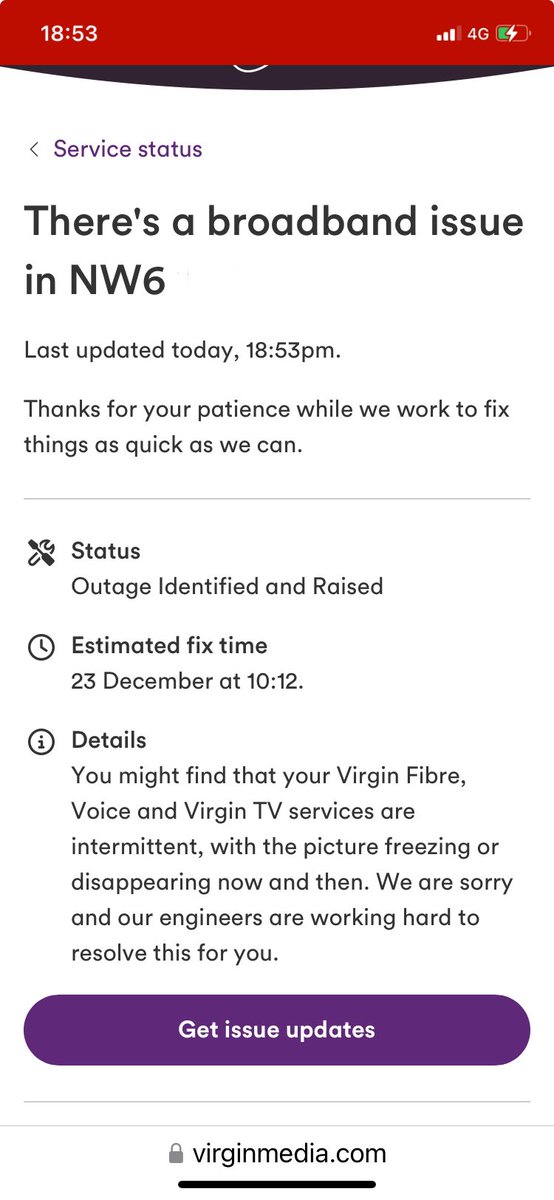 MartinJSorensen's tweet photo. Hi @virginmedia sad to see this message, that it’ll be FOUR days until the internet will be back on in NW6 area! Well at least the information is there. Hoping for good news before then. https://t.co/4xUIOaIz4L