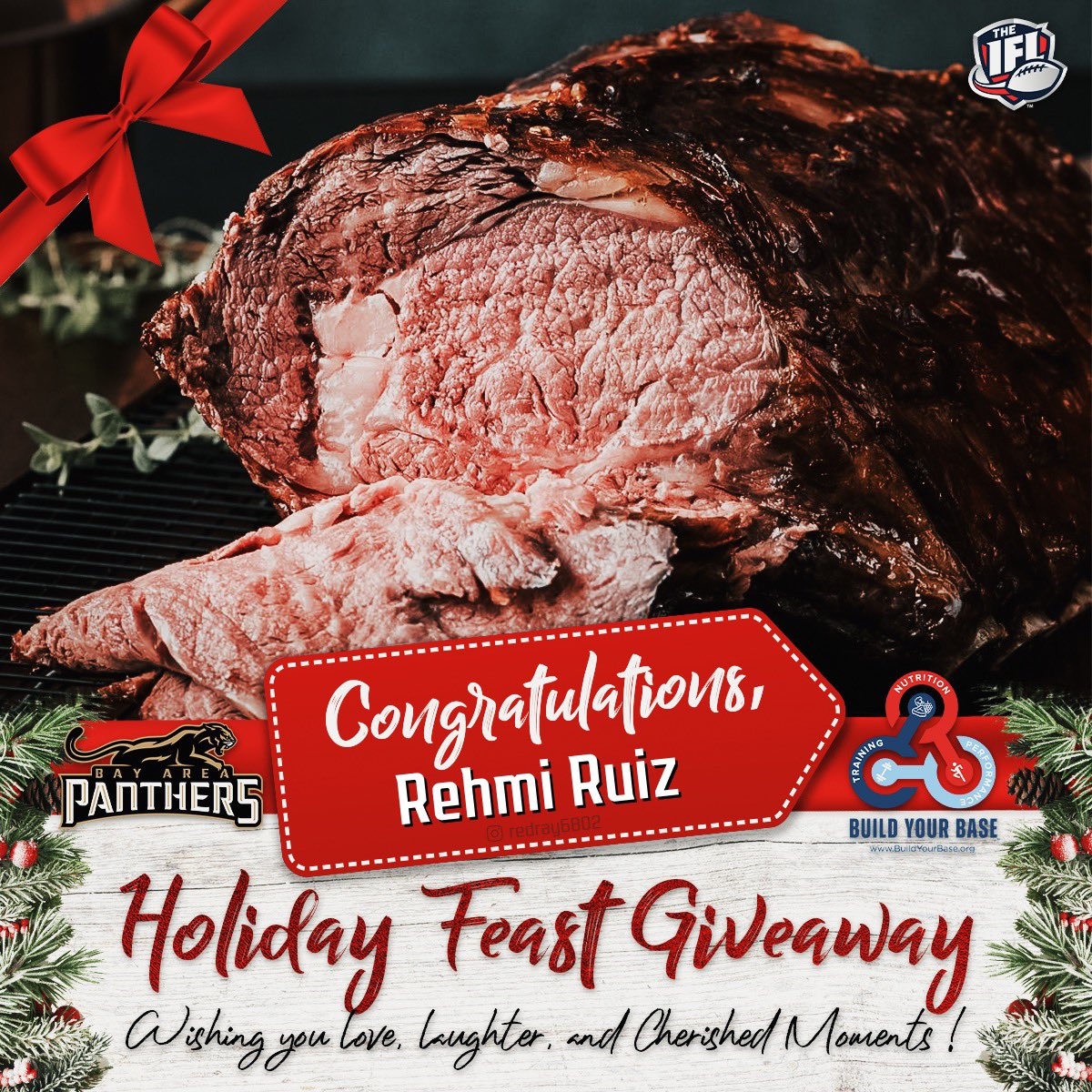 PanthersIFL's tweet photo. Congratulations, Rehmi! 

Your holidays just got a whole lot merrier—and tastier 🤤 

A 6lb Prime Rib will be on its way - Courtesy of Bay Area Panthers and Build Your Base 🐾💪 

Enjoy every bite! 🥩

#BayAreaPanthers #IFL #BuildYourBase https://t.co/twNHWlwZm0