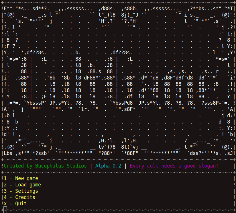 The new-and-improved #asciiart title screen for #CultGame!
Art by <a href="/littlebitspace/">𝖑𝖎𝖙𝖙𝖑𝖊𝖇𝖎𝖙𝖘𝖕𝖆𝖈𝖊</a>.
#ascii #gamedev #gaming #indiegame