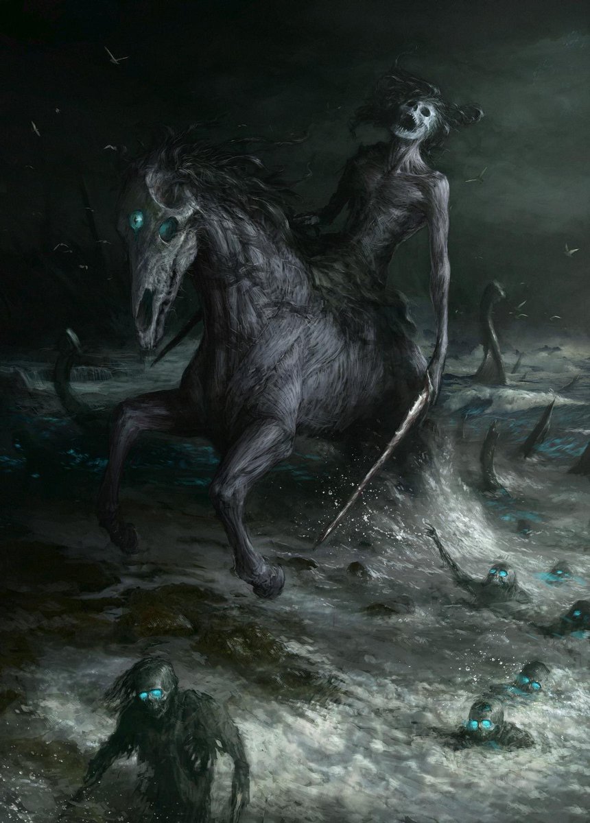 The nuckelavee or nuckalavee is a horse-like demon from Orcadian folklore that combines equine and human elements. 

British folklorist Katharine Briggs called it "the nastiest" of all the demons of Scotland's Northern Isles. The nuckelavee's breath was thought to wilt crops and