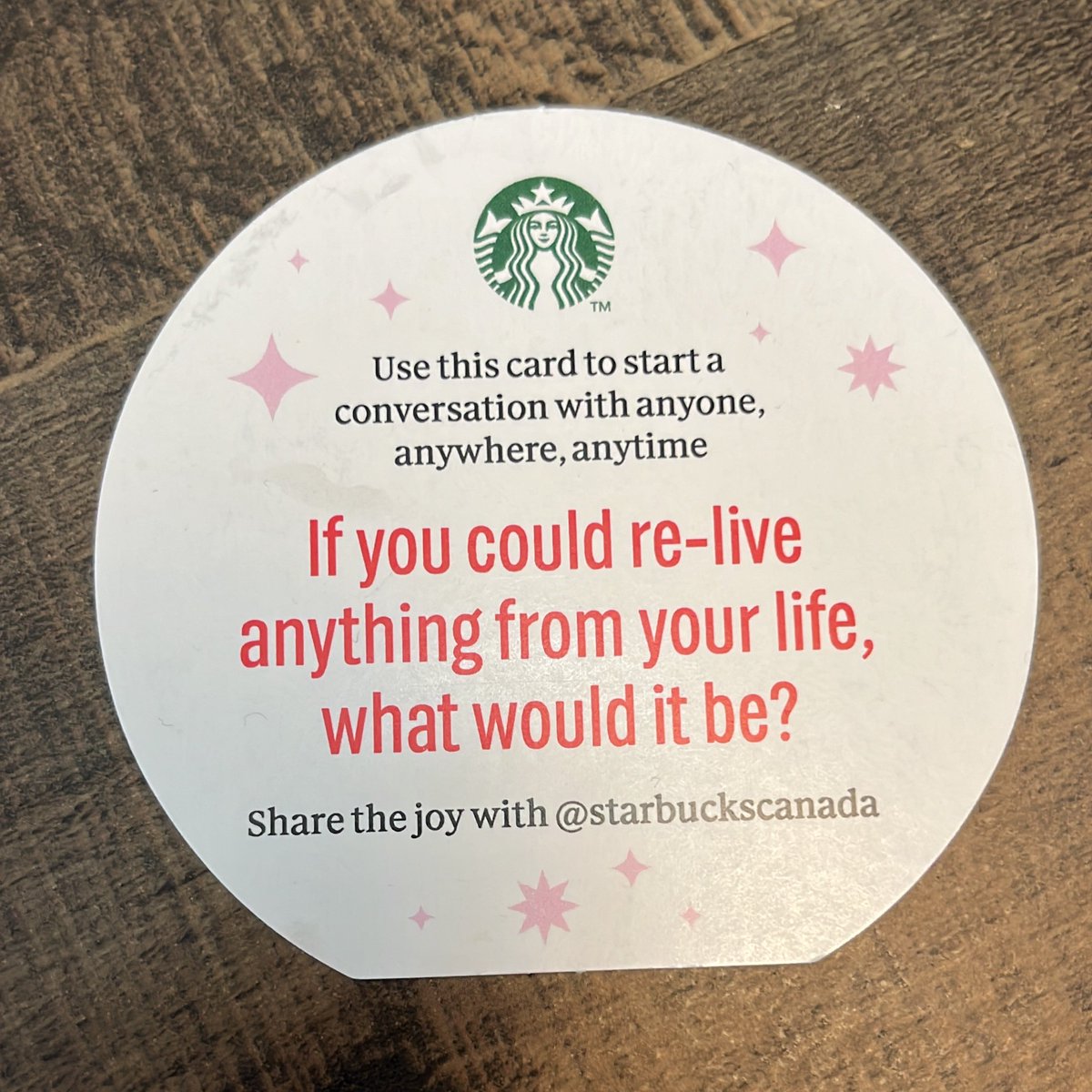 Saw these conversation starters in <a href="/StarbucksCanada/">Starbucks Canada</a>  and thought it was so cool and it inspired a crafting idea! I had a box of old business cards with one blank side and gonna make a deck of conversation starters for Hannah and I! You can try it too! - Chris