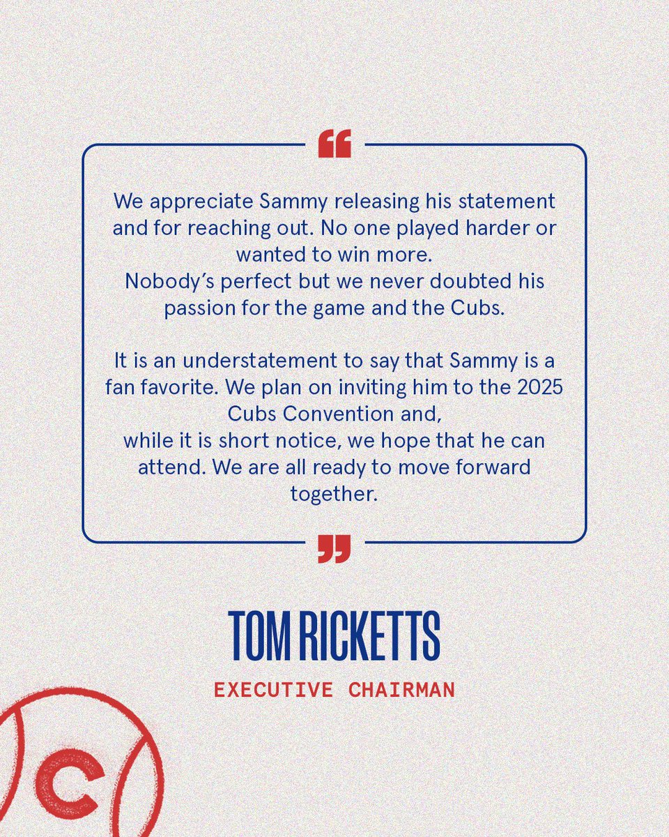 Statement from Executive Chairman Tom Ricketts on Sammy Sosa: