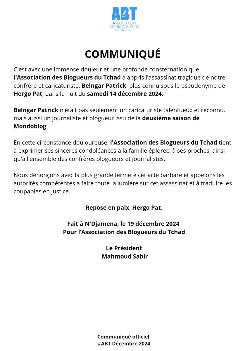 Communiqué officiel 
#ABT Décembre 2024
#Tchad