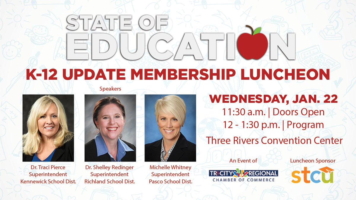 tricitychamber's tweet photo. Join us on Wednesday, January 22, for the Regional Chamber's State of Education K-12 Update Membership Luncheon, sponsored by STCU. Learn more and register: https://t.co/FY528KLkZt https://t.co/04VxSmomov