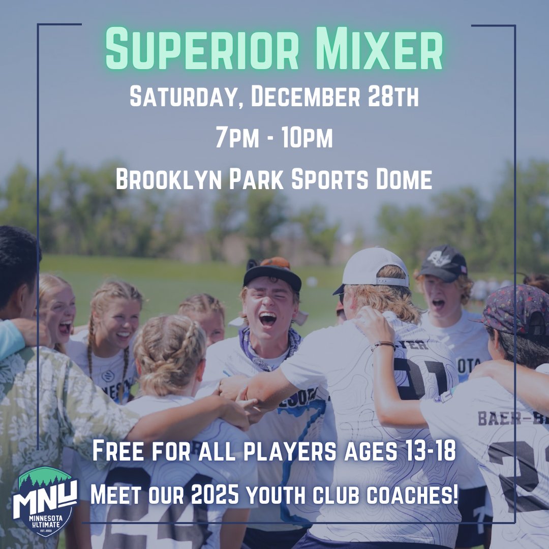 Kick off the 2025 Superior season on December 28th with an evening of free indoor youth ultimate!

❄Meet the 2025 Superior youth club coaches
❄Experience the Superior youth club practice environment
❄Play indoor ultimate!
🔗 Register now - Link in bio