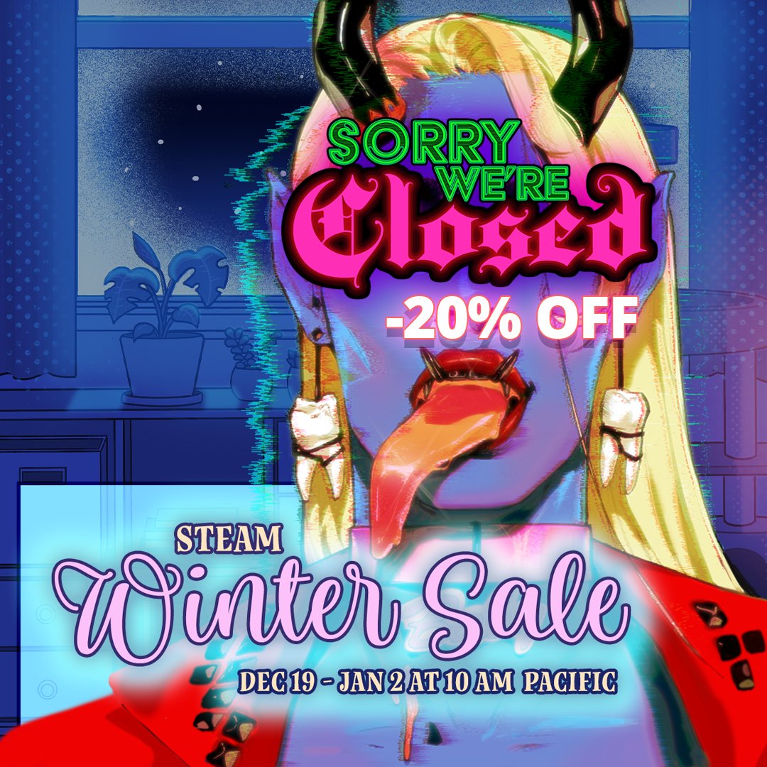 alamodegames's tweet image. Sorry We&apos;re Closed is 20% OFF!🔥

We&apos;re in the Steam winter sale, so if you would like to treat yourself, or a loved one who happens to be into really -really- hot demons and story driven survival horror, you can grab SWC ! Link below ⬇️